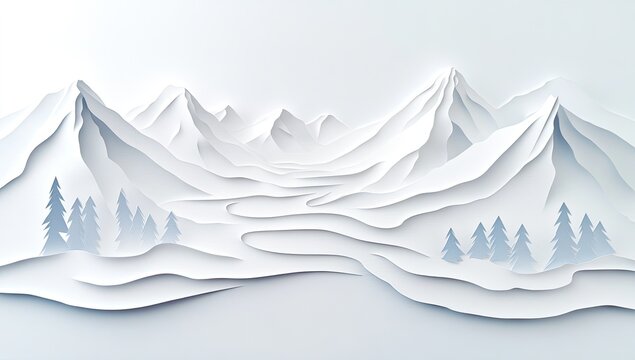 Papercraft winter mountainscape. Layers of white paper create a landscape of snow-capped peaks, winding valleys, and muted blue forest - Powered by Adobe