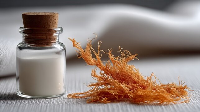 Irish moss extract, powder, and raw seaweed on table