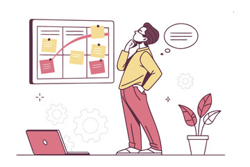 Strategic Mindset: A thoughtful individual contemplates his project plan on a board, a laptop nearby, symbolizing careful planning and future strategy. 