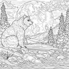 Naklejka premium Bear by the river and mountains and the full moon.Landscape. Coloring book antistress for children and adults.