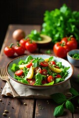 Old wooden table, open cookbook, vibrant salad ingredients arranged neatly , cookbook, simple, food