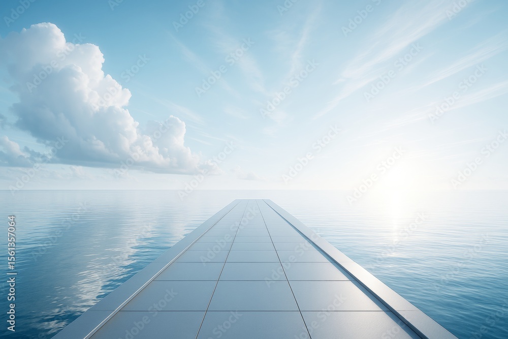 Poster Futuristic minimal pier extending into calm ocean under bright sky with soft clouds and sunlight in a peaceful and abstract concept setting.
