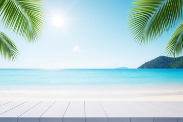 Tropical beach with palm leaves, turquoise ocean, and white wooden deck under bright sunlight, perfect for travel and summer background concept.