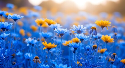 Dreamy floral field with blue and yellow daisies at sunset evoking serenity and beauty