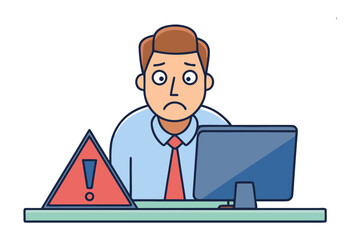Alert Overload: A man confronts a computer screen bearing a digital hazard sign, encapsulating a moment of professional digital stress.