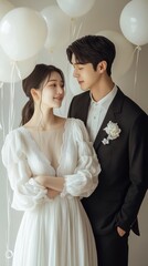 Happy Wedding couple in wedding party,Young joyful bride and groom emotionally dancing,honeymoon and romantic time,valentine,sweet moment,copy space.