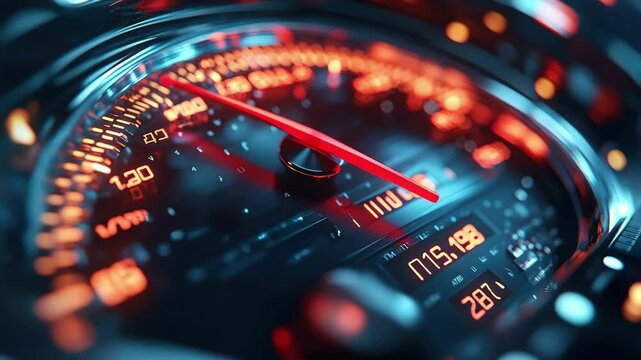 Speedometer displays high RPM and speed readings in illuminated dashboard at night