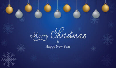 Merry Merry Christmas and Happy New Year. Greeting card with ball ornaments and snowflake blue background