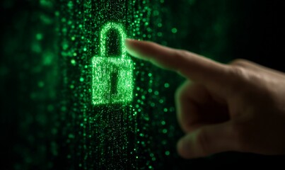 A hand is pointing at a digital green lock symbol created by pixelated dots, representing cyber security.