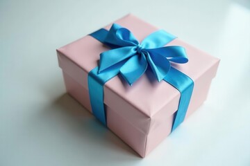 Obraz premium Wrapped gift box with blue ribbon bow on white table Top view , texture, ribbon