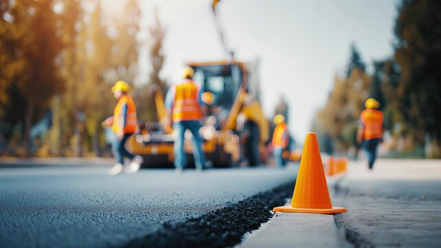 Closeup of orange traffic cone on road with construction workers moving in background repairing potholes, concept for infrastructure maintenance
