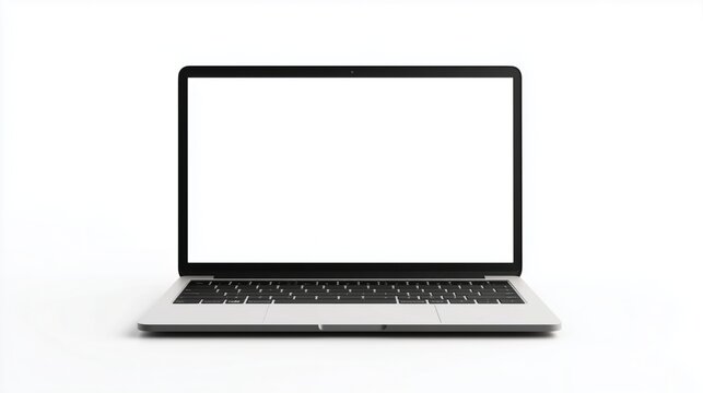 Mockup of an open macbook with a white screen. Clear white background