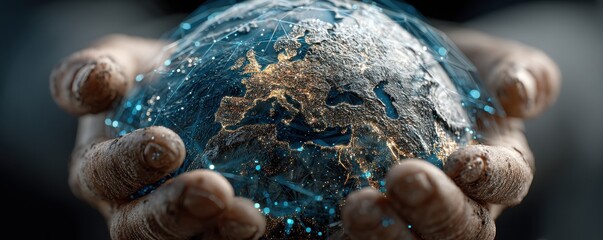 Close-up of hands holding a digital representation of Earth with glowing connections