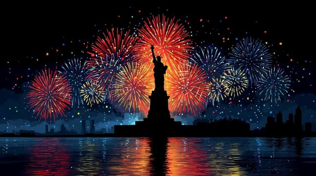 Fireworks Exploding Behind Statue of Liberty at Night