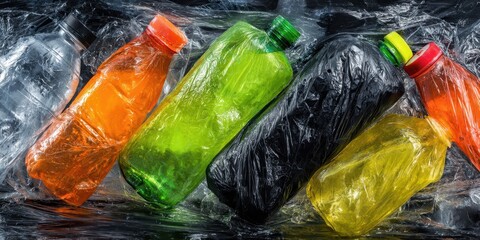 Plastic bottles wrapped in plastic, various colors