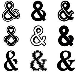Nine Stylish Vector Ampersand Designs: Black, White Background