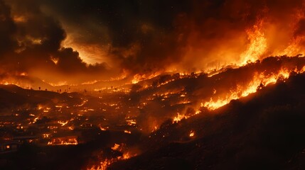 Naklejka premium Wildfire Inferno Devastating Nighttime Blaze Engulfs Hillsides 