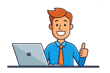 Happy Businessman with Laptop: A cheerful businessman sits at his desk, giving a thumbs up while working on his laptop, symbolizing success and positive vibes. 