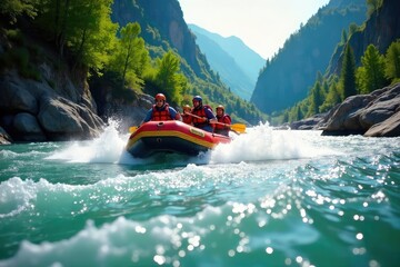 Thrilling Whitewater Rafting Adventure Navigating Churning Rapids Through Towering Cliffs and Lush Greenery