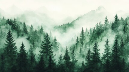 Fototapeta premium Watercolor of landscape forest misty mountains horizon and fog and hills,pine tree fir tree,Autumn forest background,drawn by hand,Autumn illustration design elements for landscape,wallpaper.