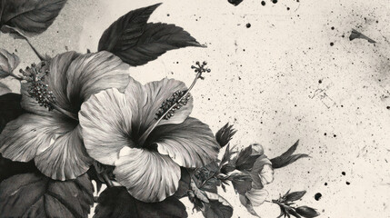 Vintage Black and White Hibiscus Flower Illustration on Grunge Textured Background with Copy Space