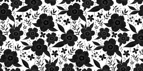 Seamless floral pattern with black silhouettes of flowers on a white background. Ideal for fabric prints, wallpapers, gift wrap, stationery, textile, and spring or summer-themed designs.