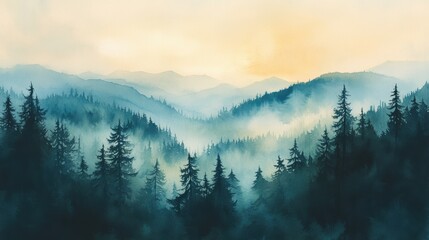 Obraz premium Watercolor of landscape forest misty mountains horizon and fog and hills,pine tree fir tree,Autumn forest background,drawn by hand,Autumn illustration design elements for landscape,wallpaper.