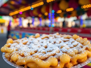 Fresh golden funnel cake topped with powdered sugar served on paper tray in vibrant fair setting with sunlight and color in background