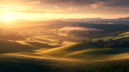 Fototapeta premium Golden Hour Hills Sunrise Landscape Panorama 