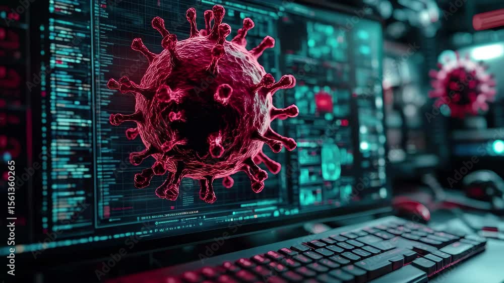 Poster digital representation of a virus displayed on a computer screen during a scientific research sessio