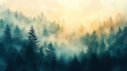 Obraz premium Watercolor of landscape forest misty mountains horizon and fog and hills,pine tree fir tree,Autumn forest background,drawn by hand,Autumn illustration design elements for landscape,wallpaper.