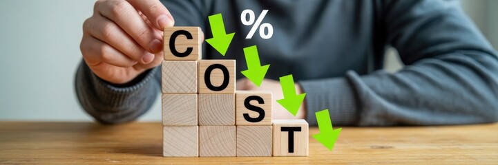 Decreasing costs represented by wooden blocks.