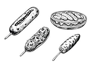 Corn Dogs Vector Engraving Set. Detailed Monochrome Snack Illustrations. Vintage Stipple & Hatching Style Icons & Symbols