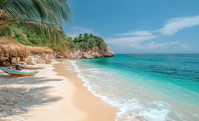 Fototapeta premium Endless White Sand Beach Beneath Golden Sunlight