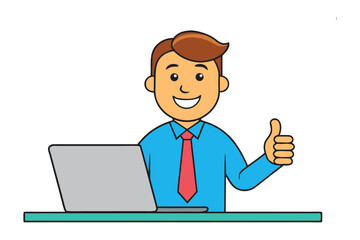 Work Success: A cheerful employee confidently shows a thumbs-up gesture while using his laptop at the desk. The image captures a sense of professional achievement and technological utilization.
