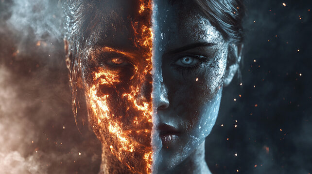 A face half-burnt into embers, half-cooled into ice, with steam rising from the divide. Cinematic lighting enhances the extreme contrast.