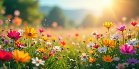 Fototapeta premium Vibrant Wildflower Explosion Sun-Drenched Meadow in Full Bloom, Perfect for Spring and Summer Nature Projects