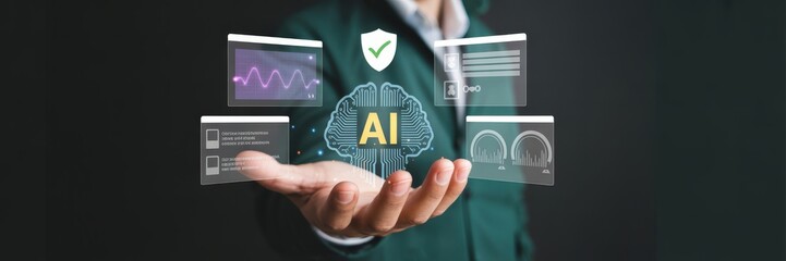 Hologram of artificial intelligence data interface held in hand.