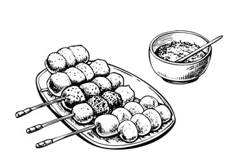 Japanese Dango Vector Engraving Set. Detailed Monochrome Snack Illustrations. Vintage Stipple & Hatching Style Icons & Symbols