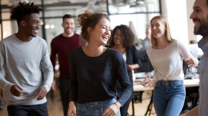 Obraz premium Group of young professionals enjoying a team-building activity in a modern office space, smiling and laughing