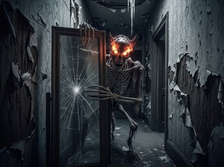 Shattered Glass Reveals Glowing-Eyed Skeletal Figure Hidden in Rotting Corridor Behind the Mirror, Emerging With Groaning Wood and Malevolence