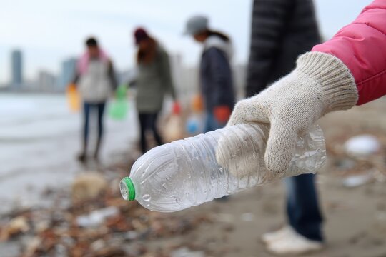 Close-up of hand picking up plastic bottle on beach