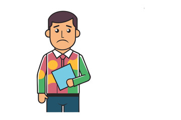 Disheartened Figure in Business Casual: A downcast individual stands, clutching a notebook, a picture of dejection and uncertainty in a cartoonish illustration.