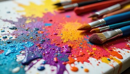 Obraz premium Vibrant Paint Splatter Canvas Artistic Creation in Progress, Reflecting Passion and Joy