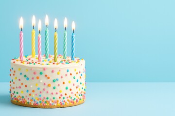 Pastel de cumpleaños decorado con velas encendidas y confites de colores sobre fondo azul, concepto de celebración, fiesta infantil y dulces festivos