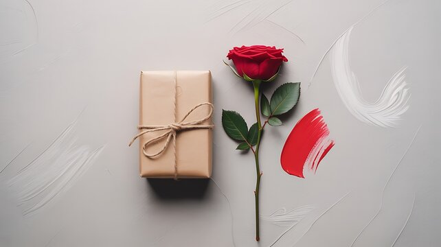 Brown gift box with red rose and paint strokes present - Powered by Adobe