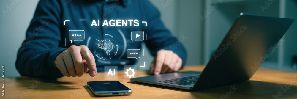 Aufkleber person interacting with a digital interface displaying artificial intelligence agents.