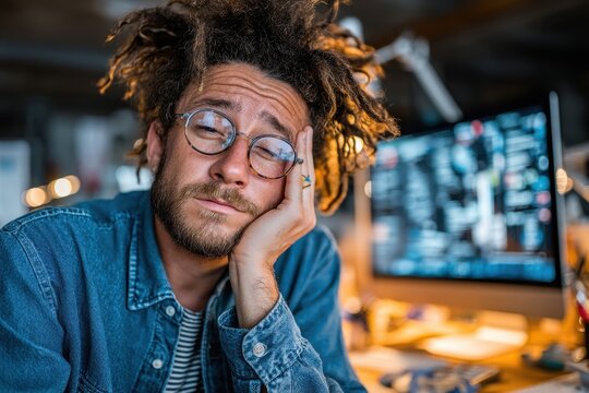 Tired office worker leaning on desk next to computer workstation