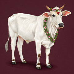 Full-body white Eid cow with painted forehead and decorative accents, shown in side profile with a festive and traditional appearance.