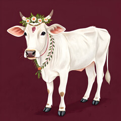 Full-body white Eid cow with painted forehead and decorative accents, shown in side profile with a festive and traditional appearance.